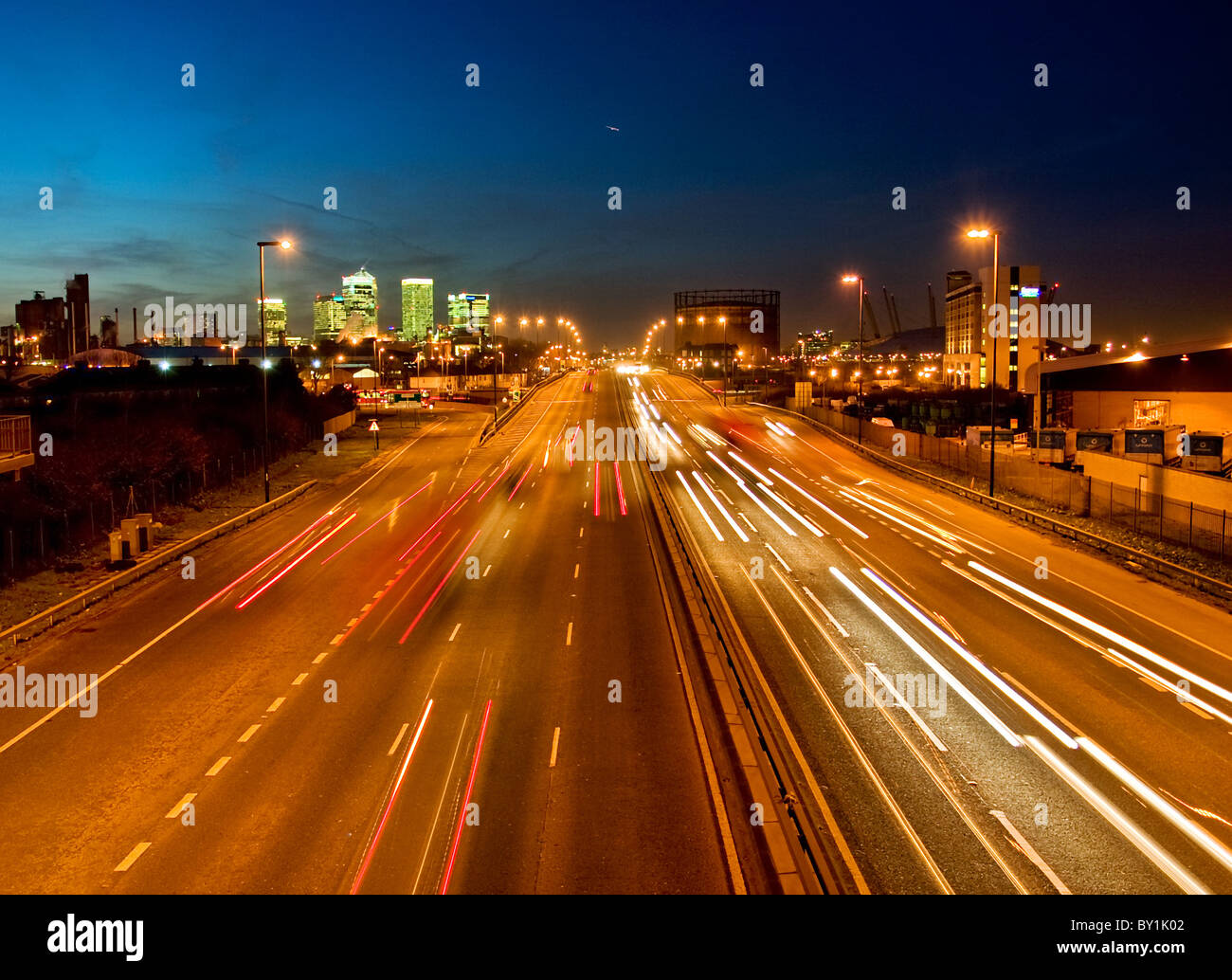 The A102M motorway approach to the Blackwall tunnel at night Stock