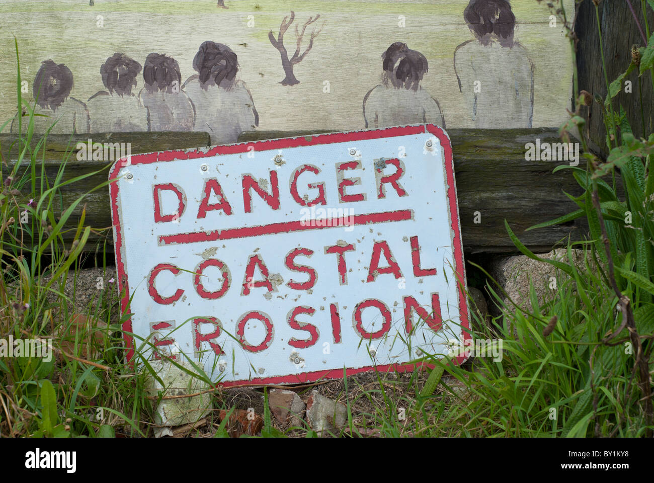 Coastal Erosion Sign, East Yorkshire, England Stock Photo