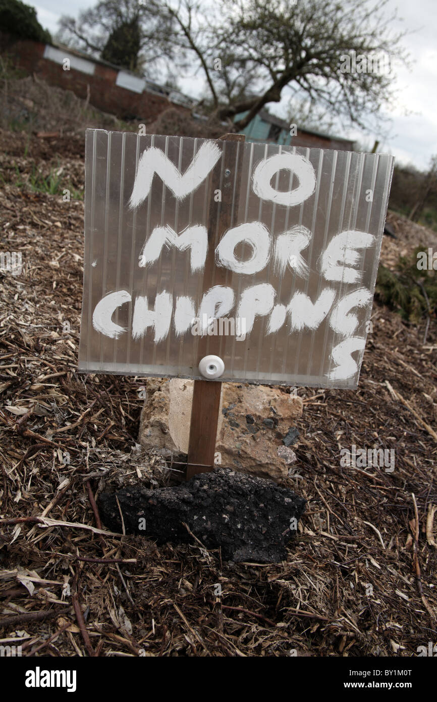 No More Chippings sign on an Allotment Stock Photo