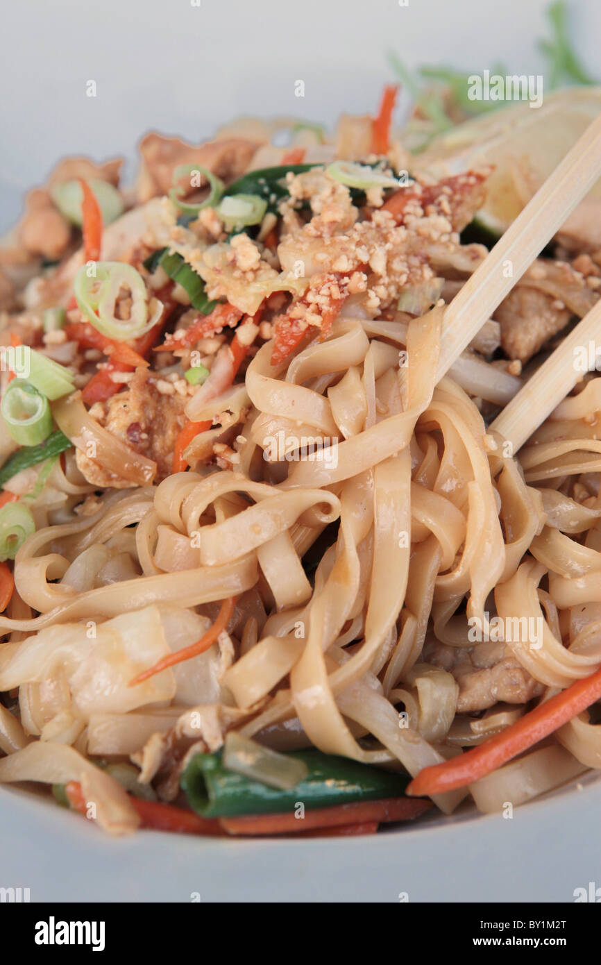 Stir fried Chicken noodles garnished with nuts Stock Photo