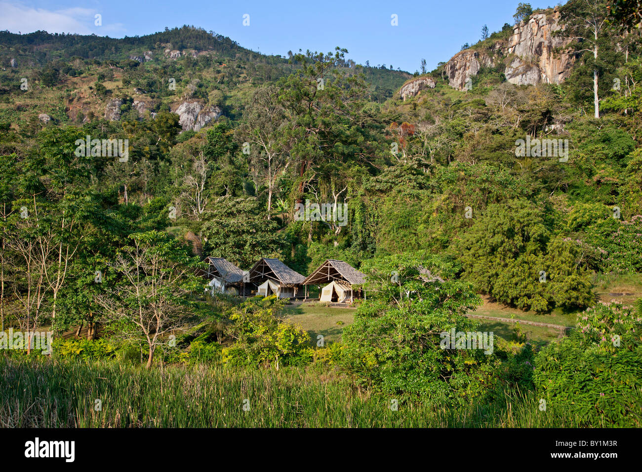 Tented accommodation at a farm near Soni in the Western Arc of the Usambara Mountains. Stock Photo