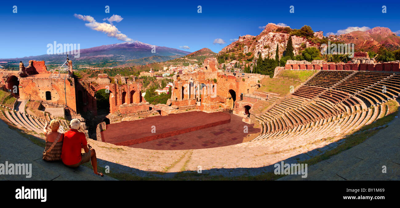 Taormina Greek Amphitheatre with Mount Etna in the distance, Sicily