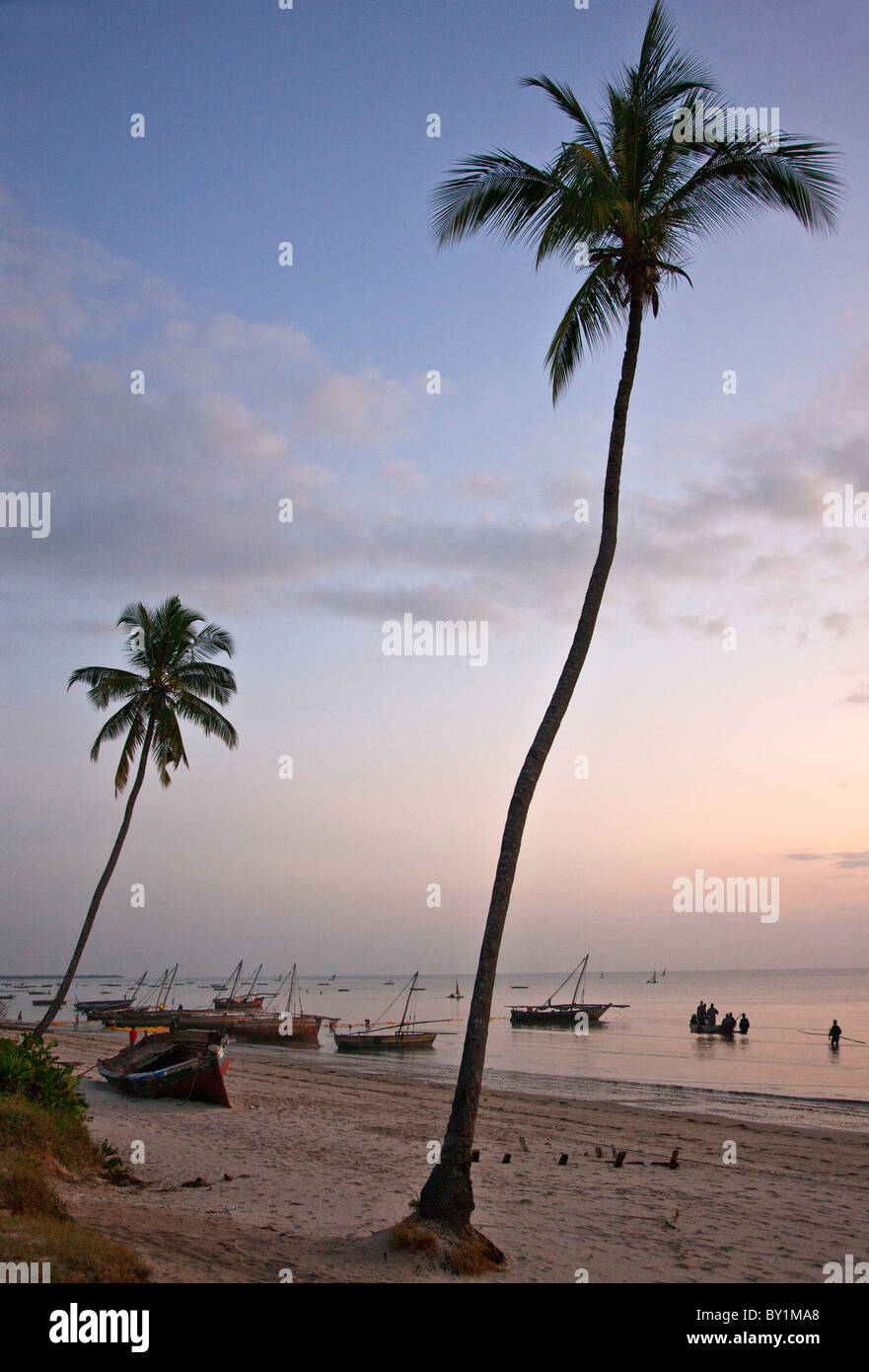 The busy harbour at Bagamoyo at dawn where fishermen land their catches and motorised dhows from Zanzibar off-load merchandise. Stock Photo