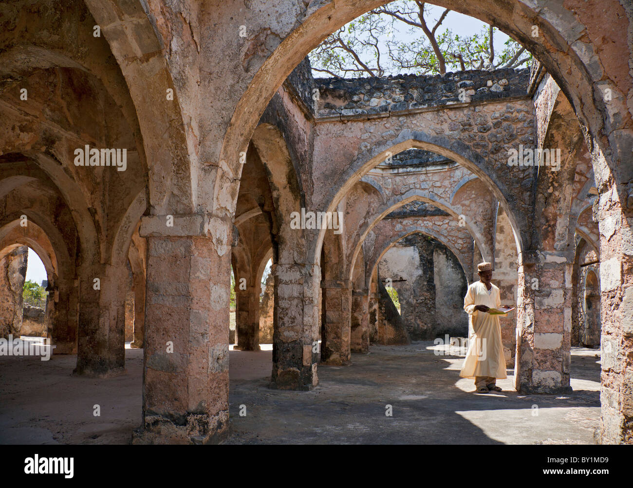 The magnificent ruins of the Great Mosque at Kilwa Kisiwani which was first built in the 10th and 11th centuries with important Stock Photo