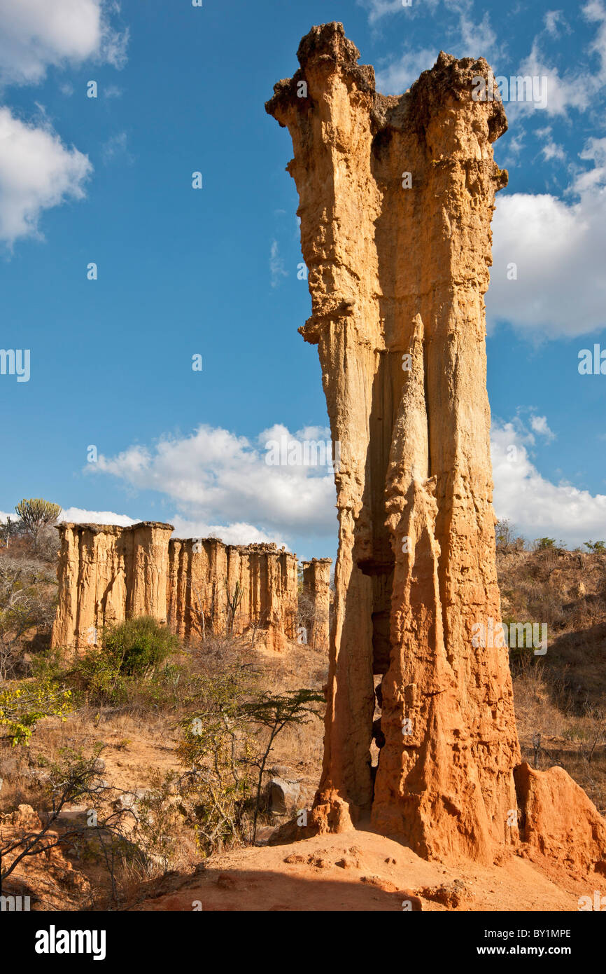 Impressive sandstone pillars and erosion towers in a deep canyon at Isimila, an important Stone Age site, near Iringa. Stock Photo