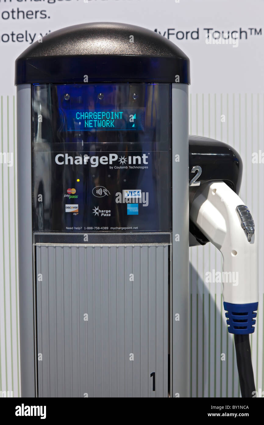 Detroit, Michigan A public charging station for electric vehicles on