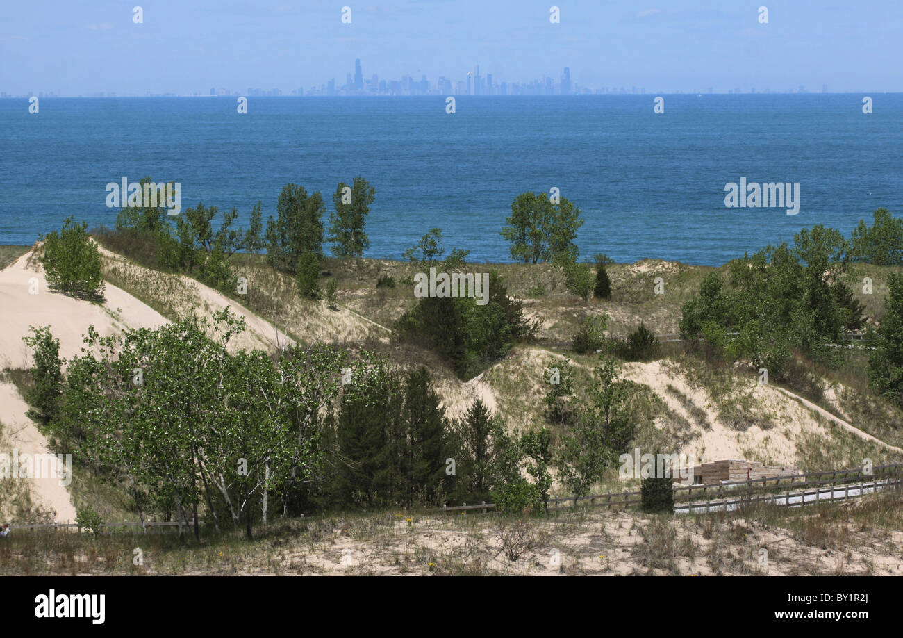 Chicago skyline Lake Michigan Indiana Dunes national lakeshore Stock