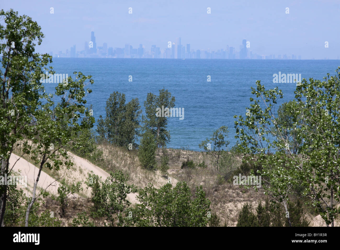 Chicago skyline Lake Michigan Indiana Dunes national lakeshore Stock