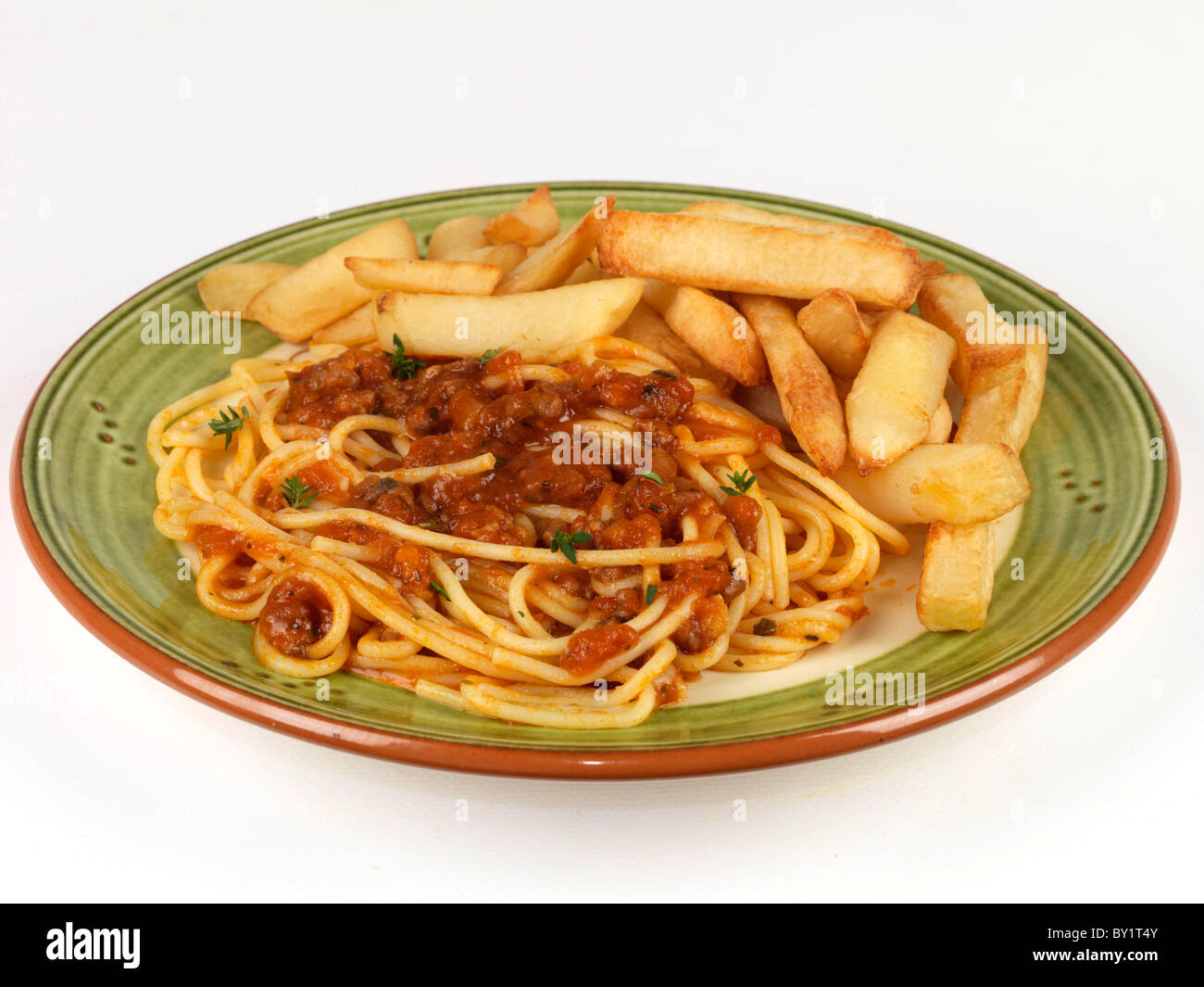 Spaghetti Bolognese with Chips Stock Photo Alamy