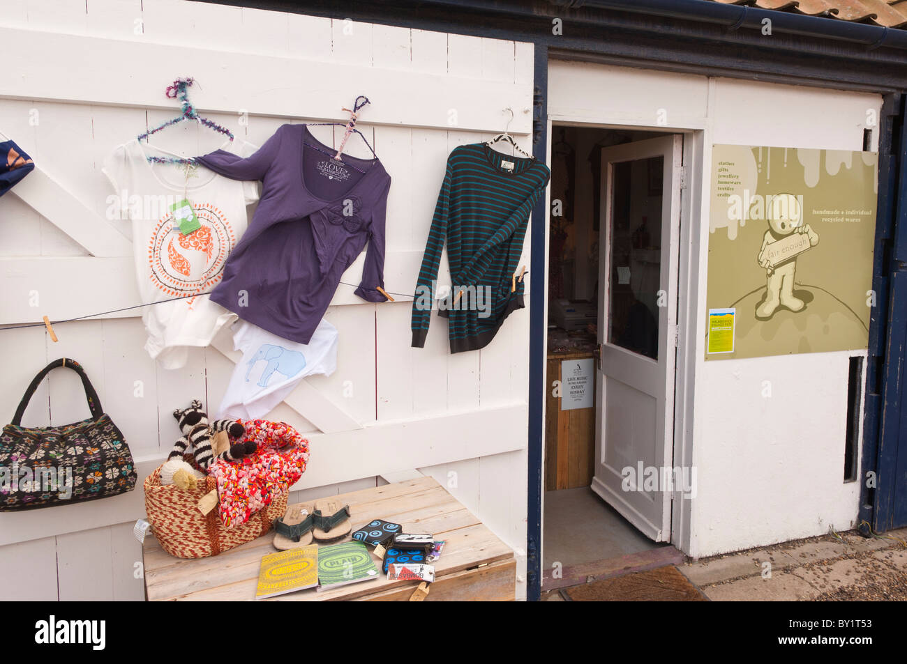 The fair enough shop store selling recycled wares at Walberswick , Suffolk , England , Great Britain , Uk Stock Photo