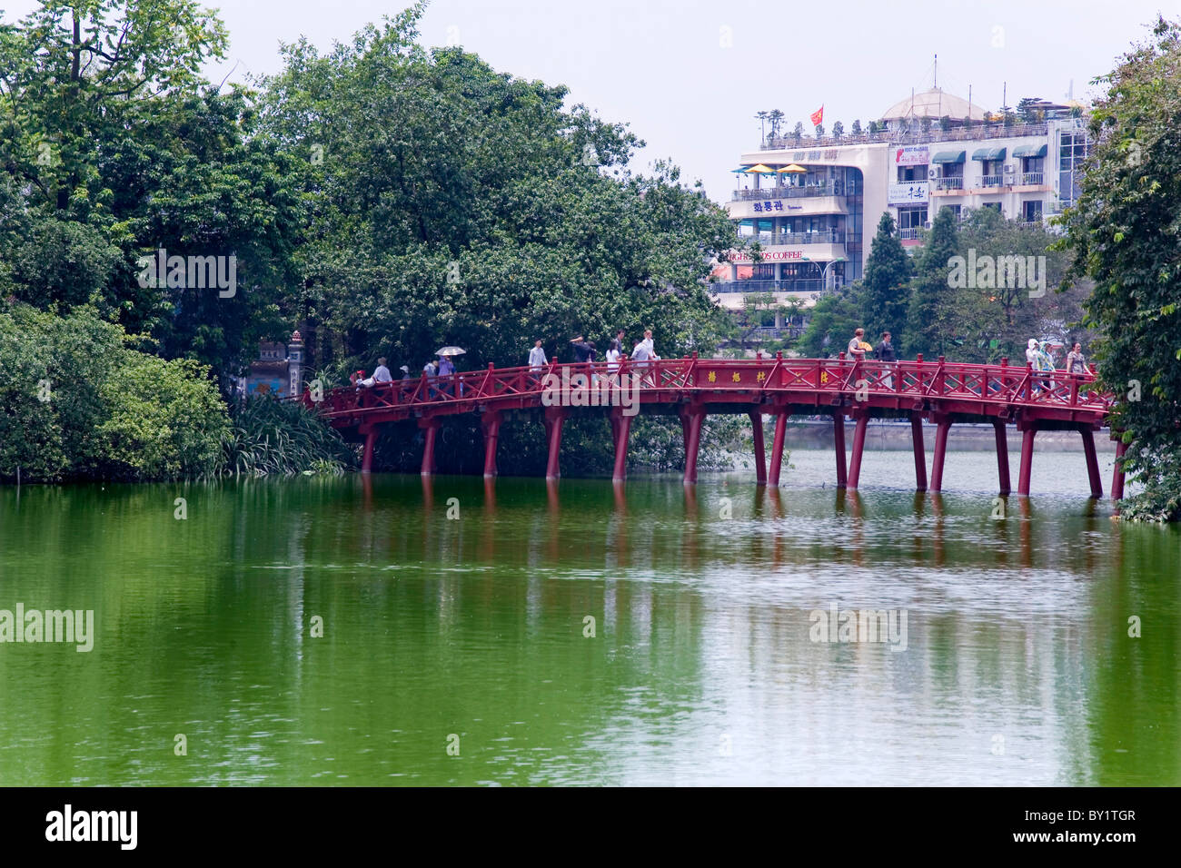 The Huc Bridge in Hoan Kiem Lake. Hanoi, Vietnam. Stock Photo