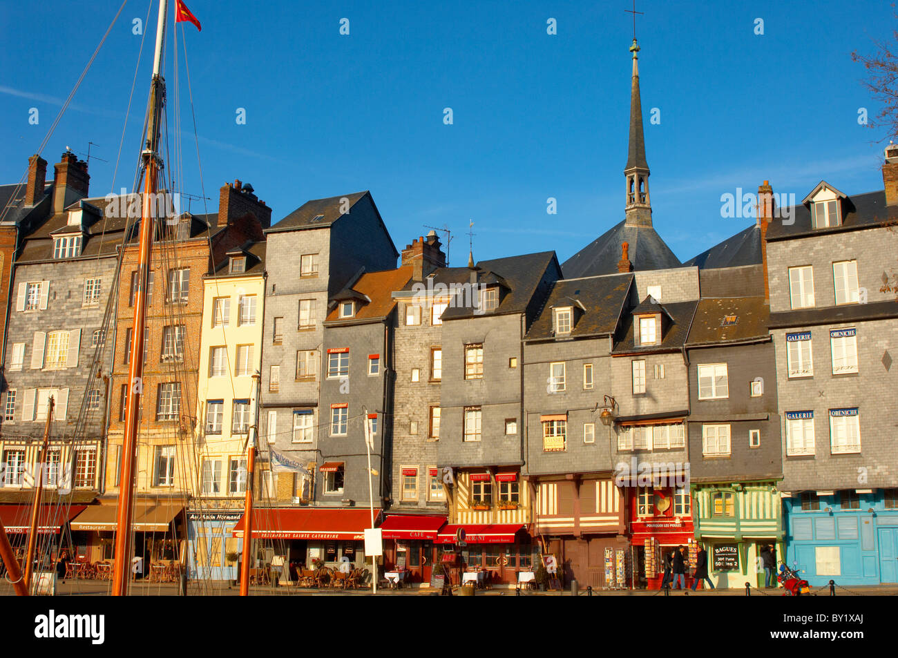 harbour side restaurants and houses. Honfleur, Normandy, France Stock