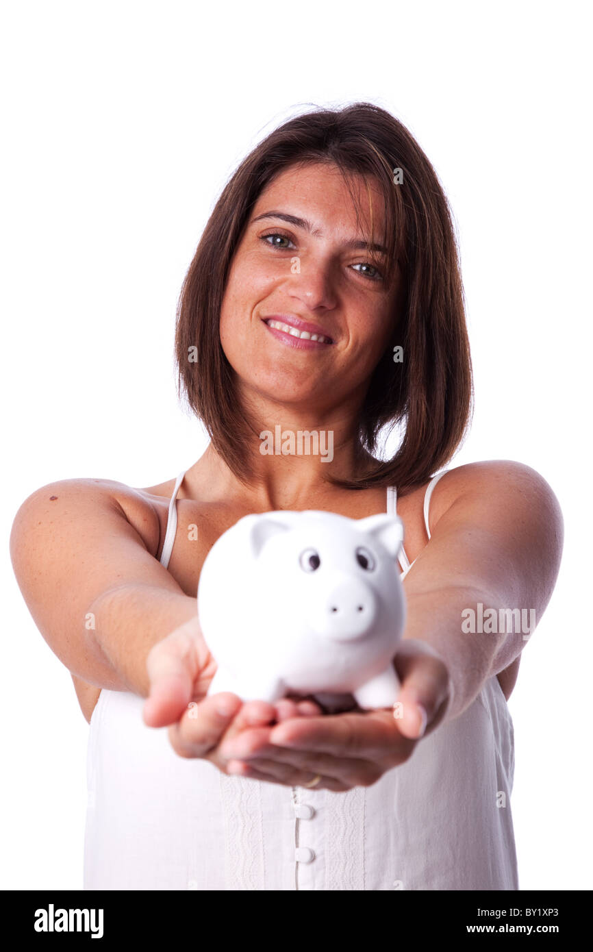 woman holding a piggy bank (isolated on white Stock Photo - Alamy