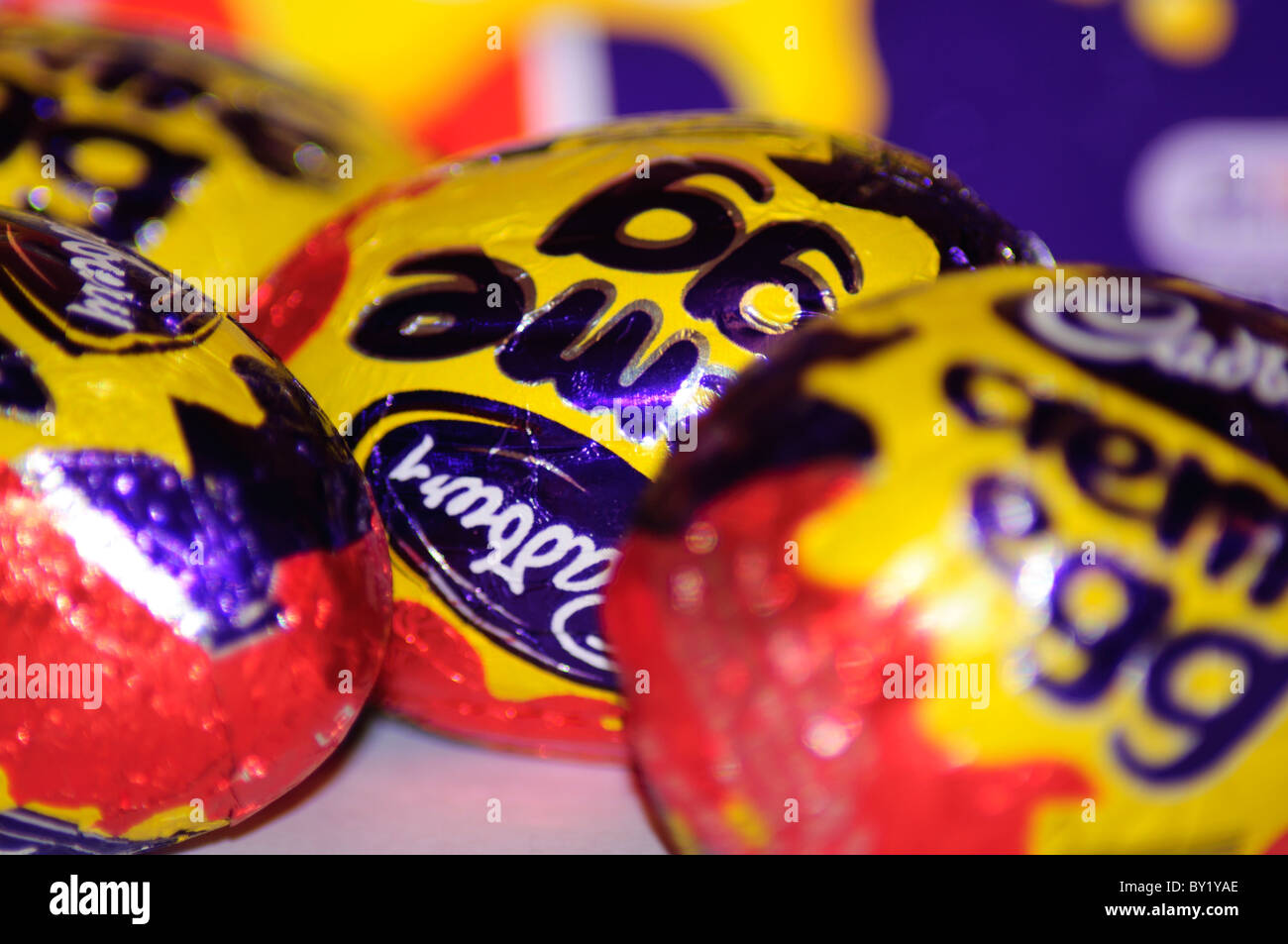 cadbury chocolate creme egg multi pack close up with various eggs in and out of focus Stock Photo