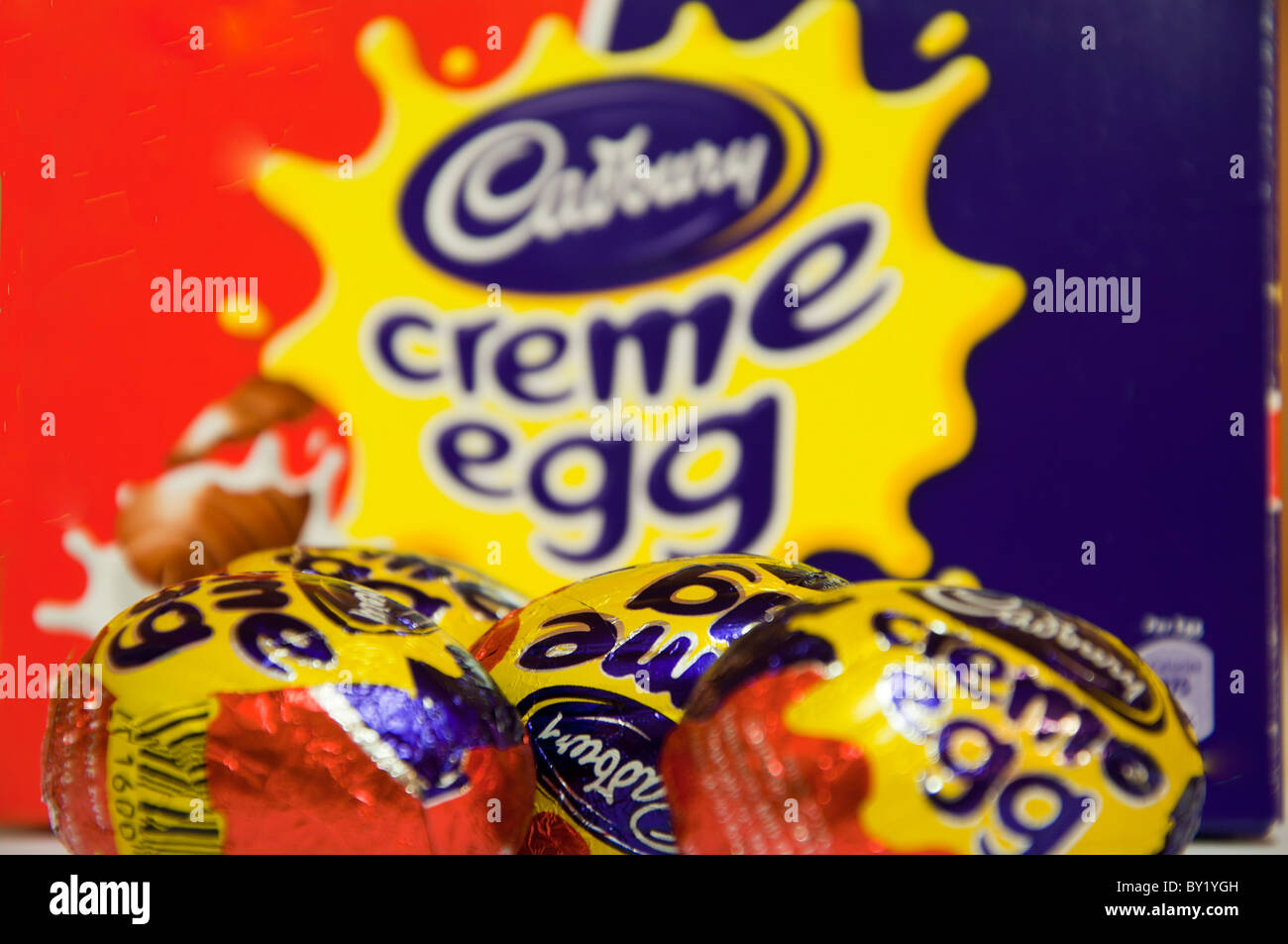 cadbury chocolate creme egg multi pack close up with various eggs in and out of focus Stock Photo