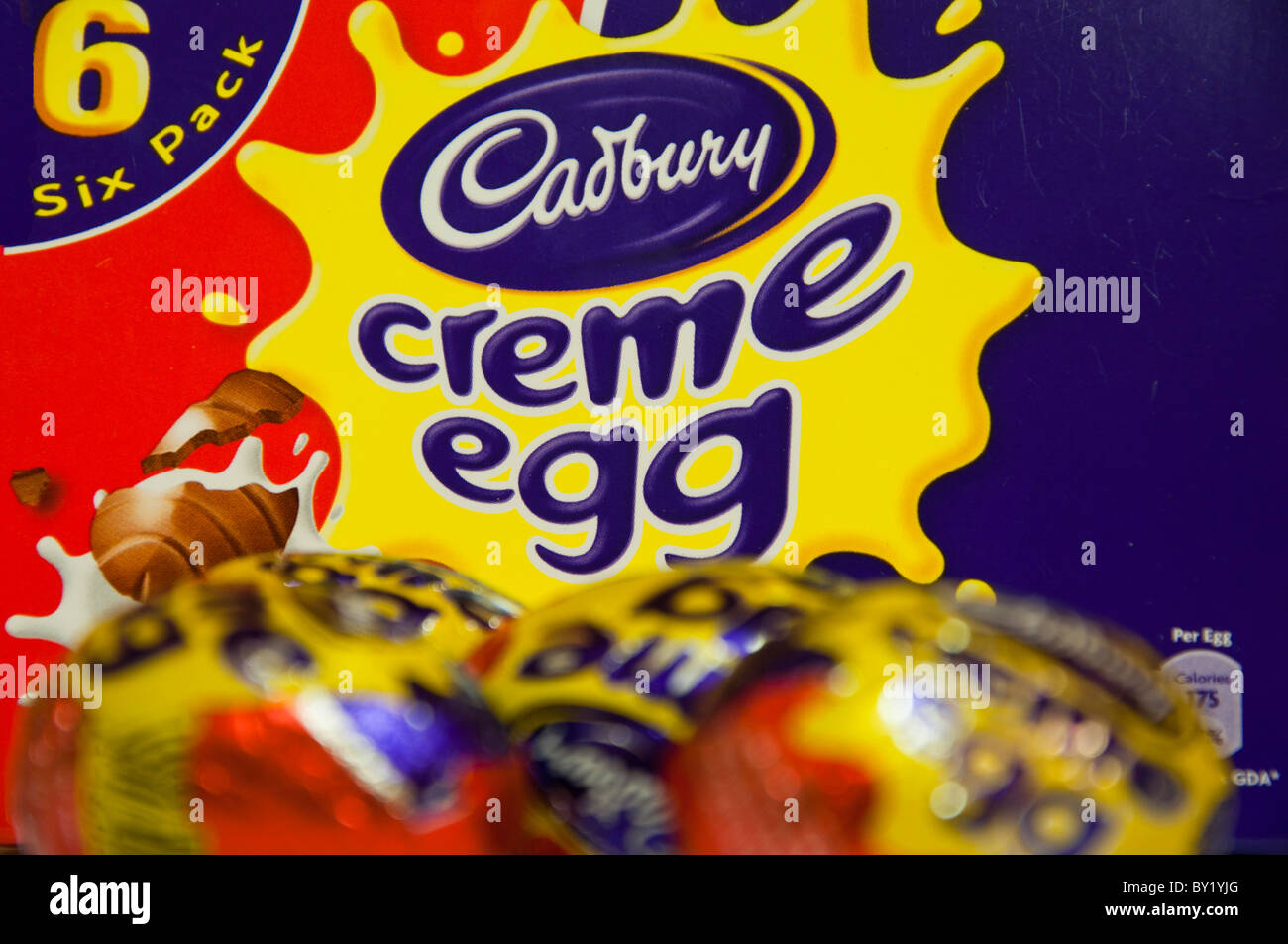 cadbury chocolate creme egg multi pack close up with various eggs in and out of focus Stock Photo