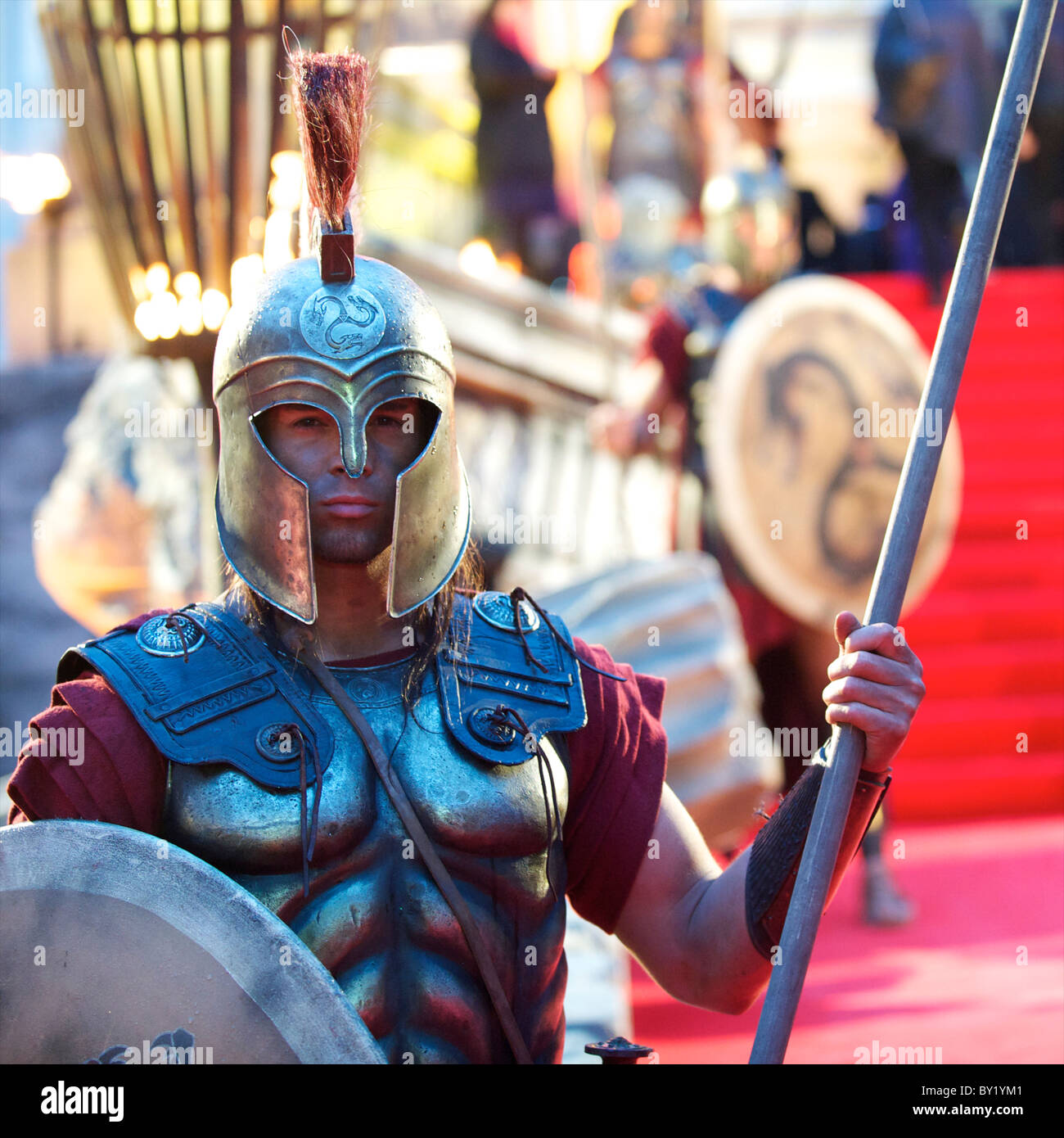 A Greek sentry poses for a portrait at the world premiere of 'The Clash of the Titans,' a remake of the 1981 film, at Empire Stock Photo