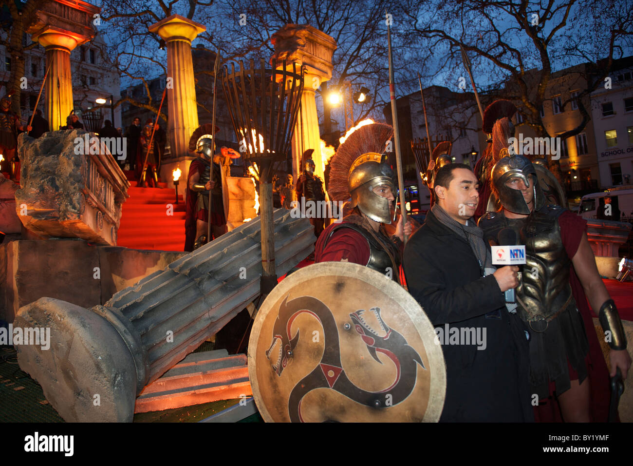 Greek sentries are interviewed at the world premiere of 'The Clash of the Titans,' a remake of the 1981 film, at Empire Stock Photo