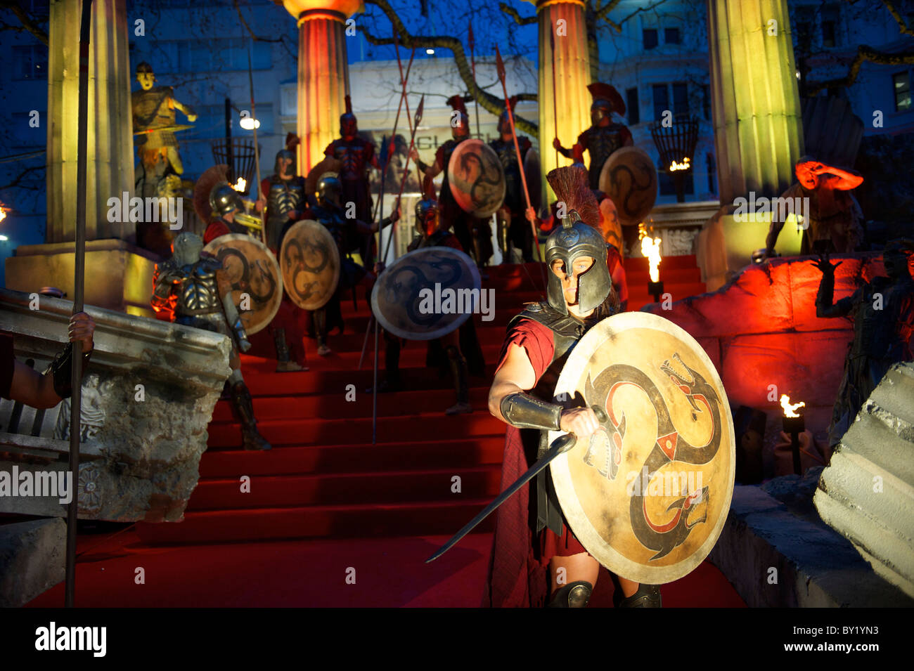 Greek sentries pose for a portrait at the world premiere of 'The Clash of the Titans,' a remake of the 1981 film, at Empire Stock Photo