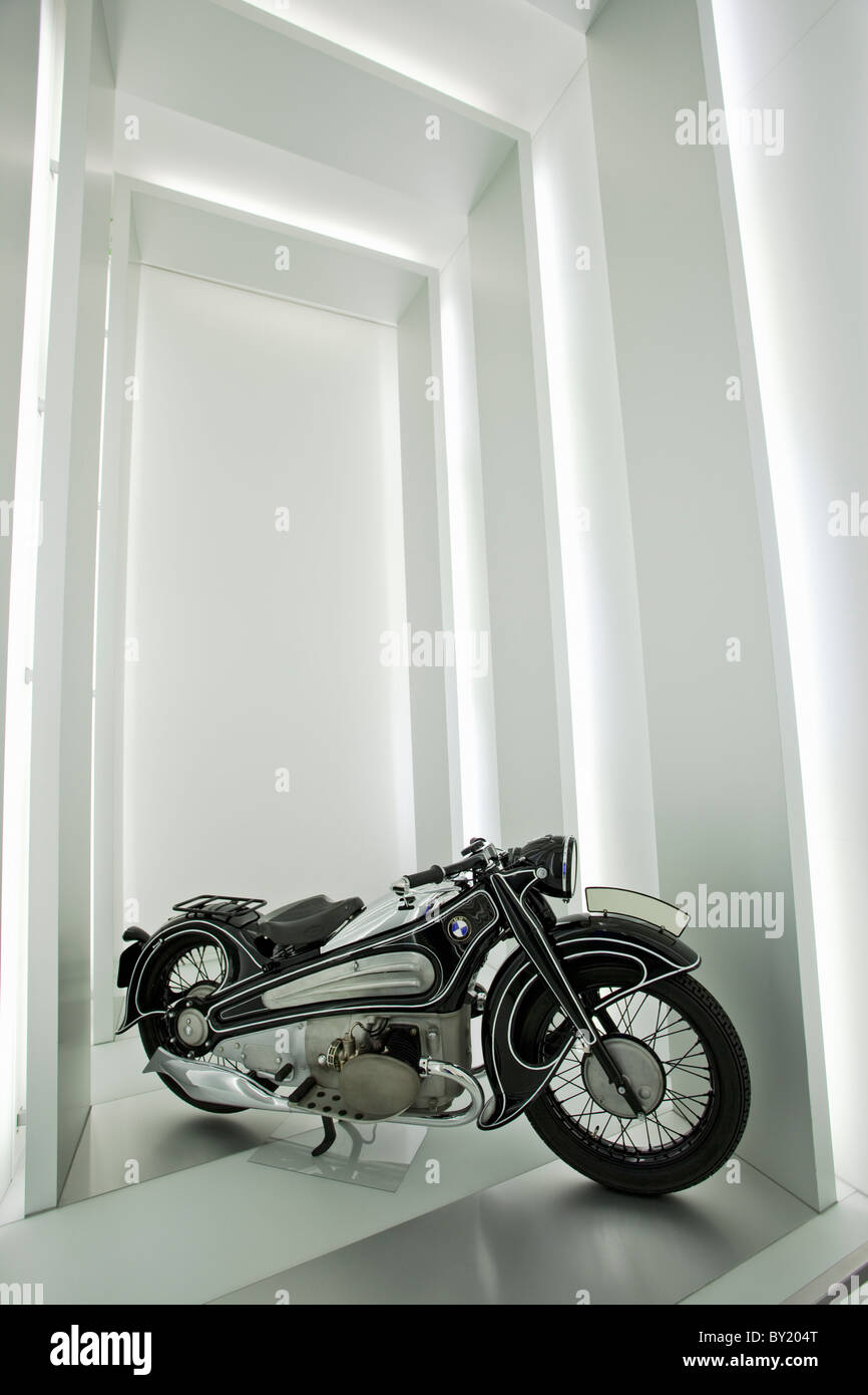 Germany,Bavaria,Munich, BMW Museum, 1934 BMW R7 prototype motorcycle on display Stock Photo