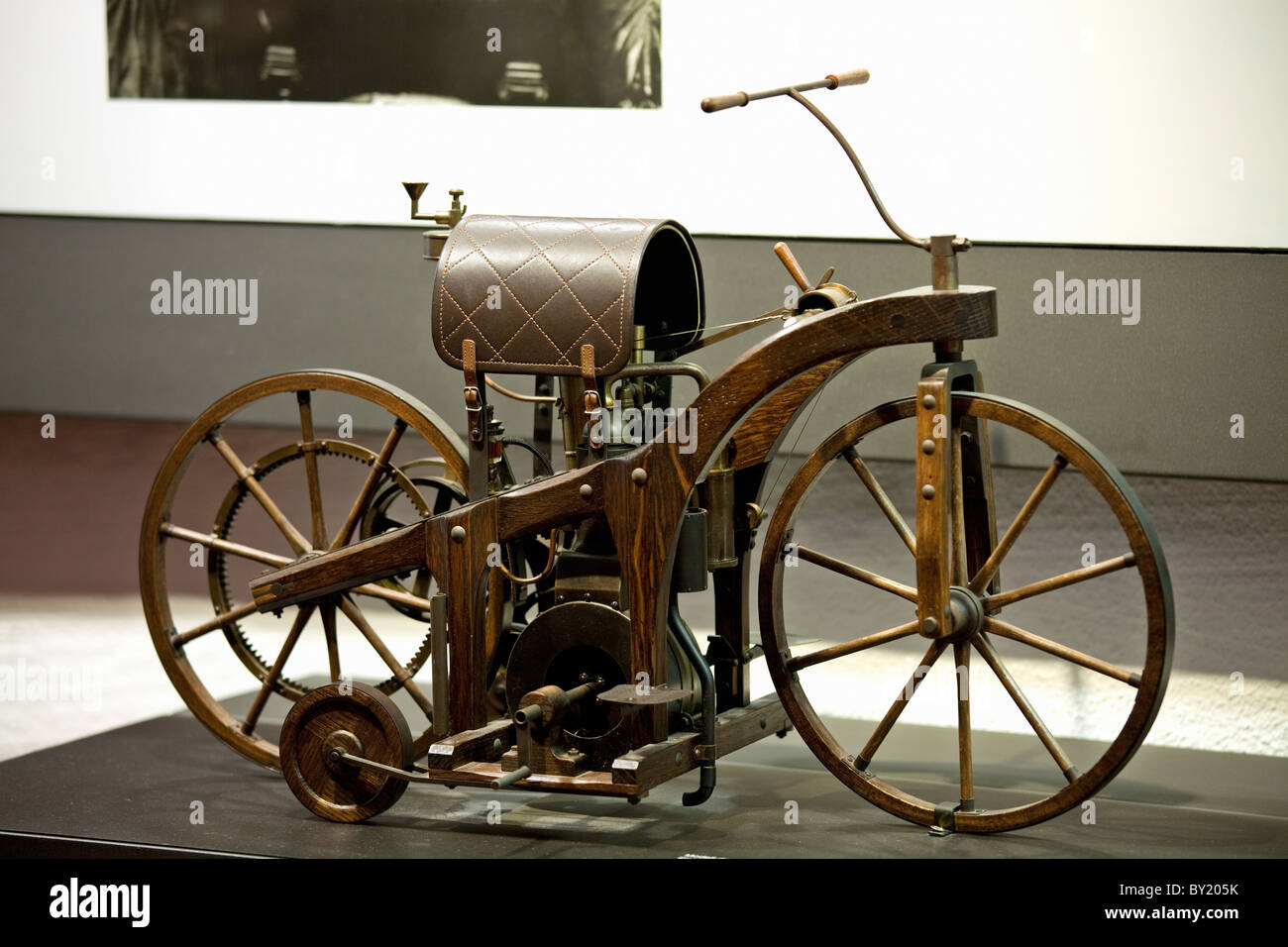 Germany, Bad Cannstatt, Gottlieb Daimler Memorial, replica of the first riding car, the world's first motor bike 1885 Stock Photo