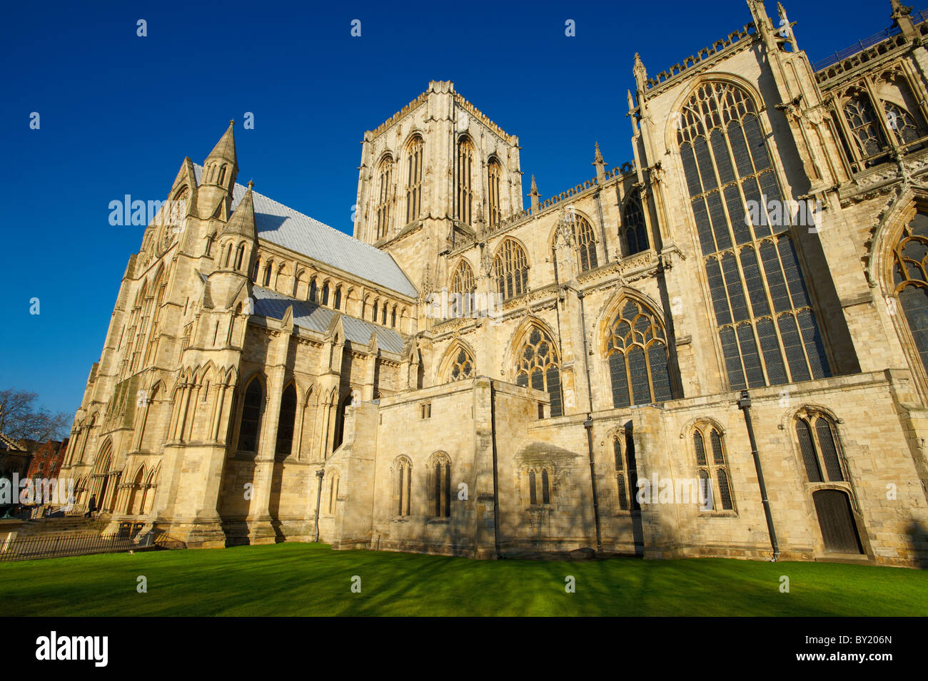 Exterior  Gothic architecture of the Cathedral and Metropolitical Church of Saint Peter in York, commonly known as York Minster. Stock Photo