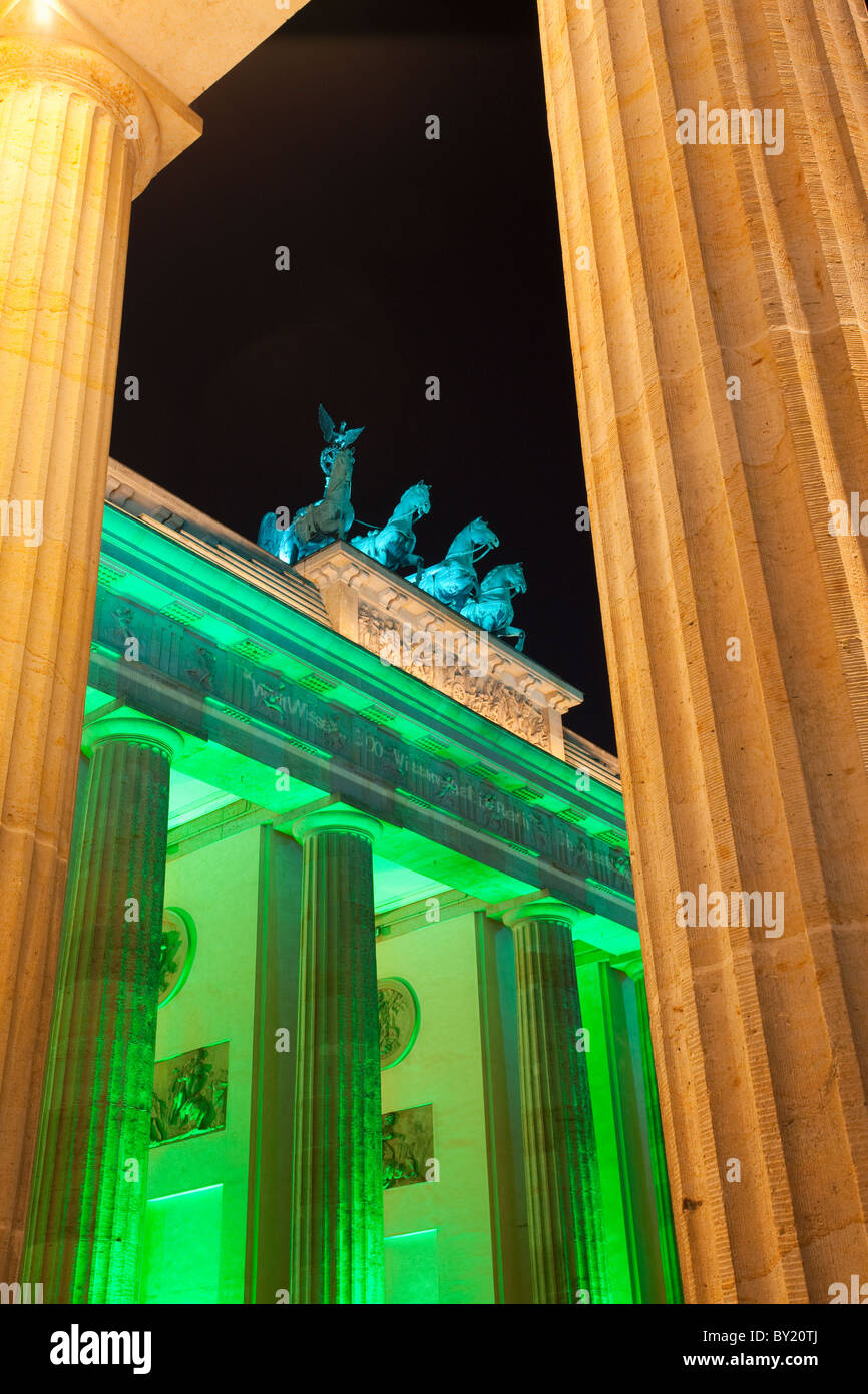 Germany,Berlin,Brandenburg Gate illuminated at dusk during the Festival of Lights Stock Photo
