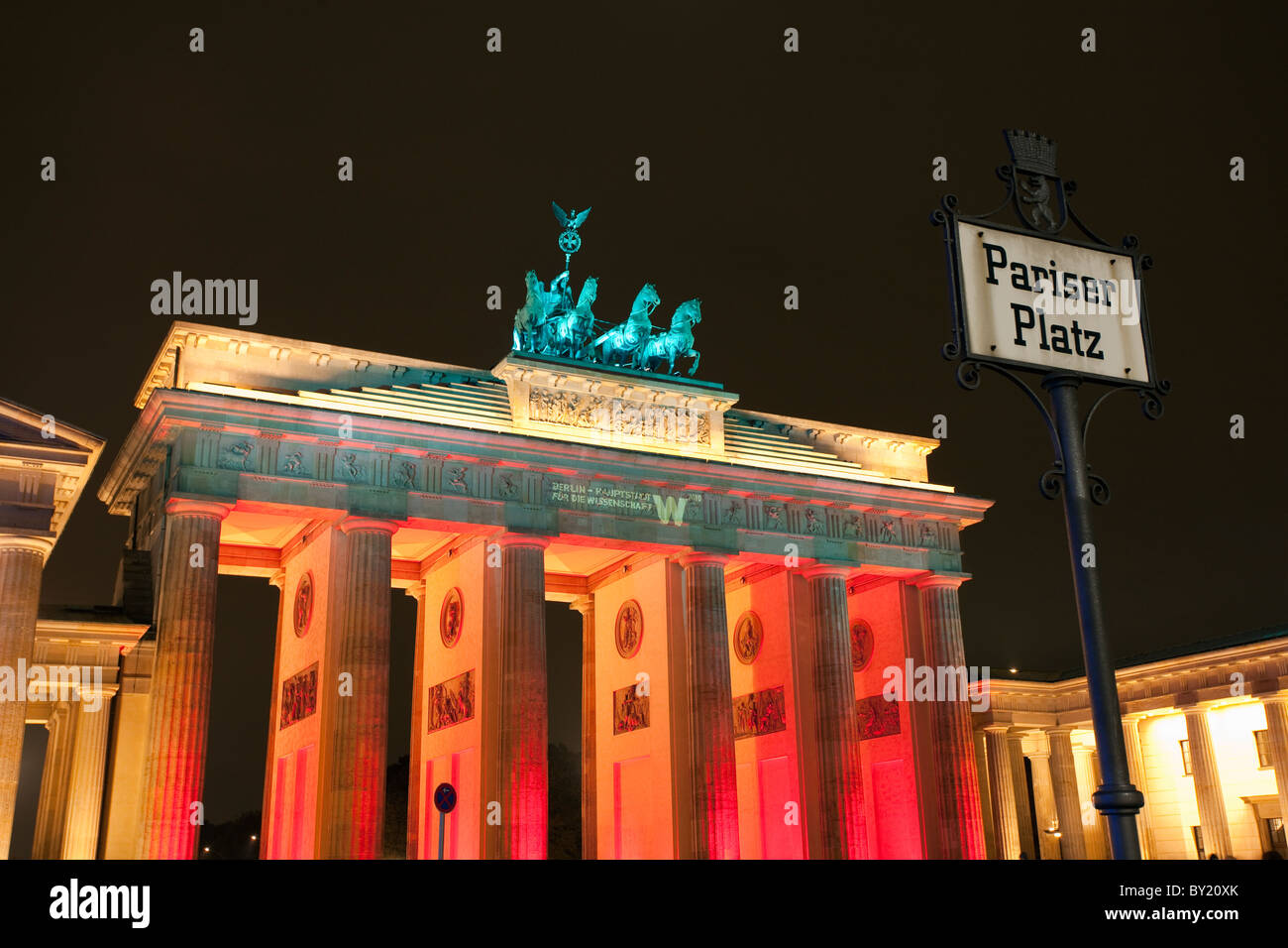 Germany,Berlin,Brandenburg Gate illuminated at dusk during the Festival of Lights Stock Photo