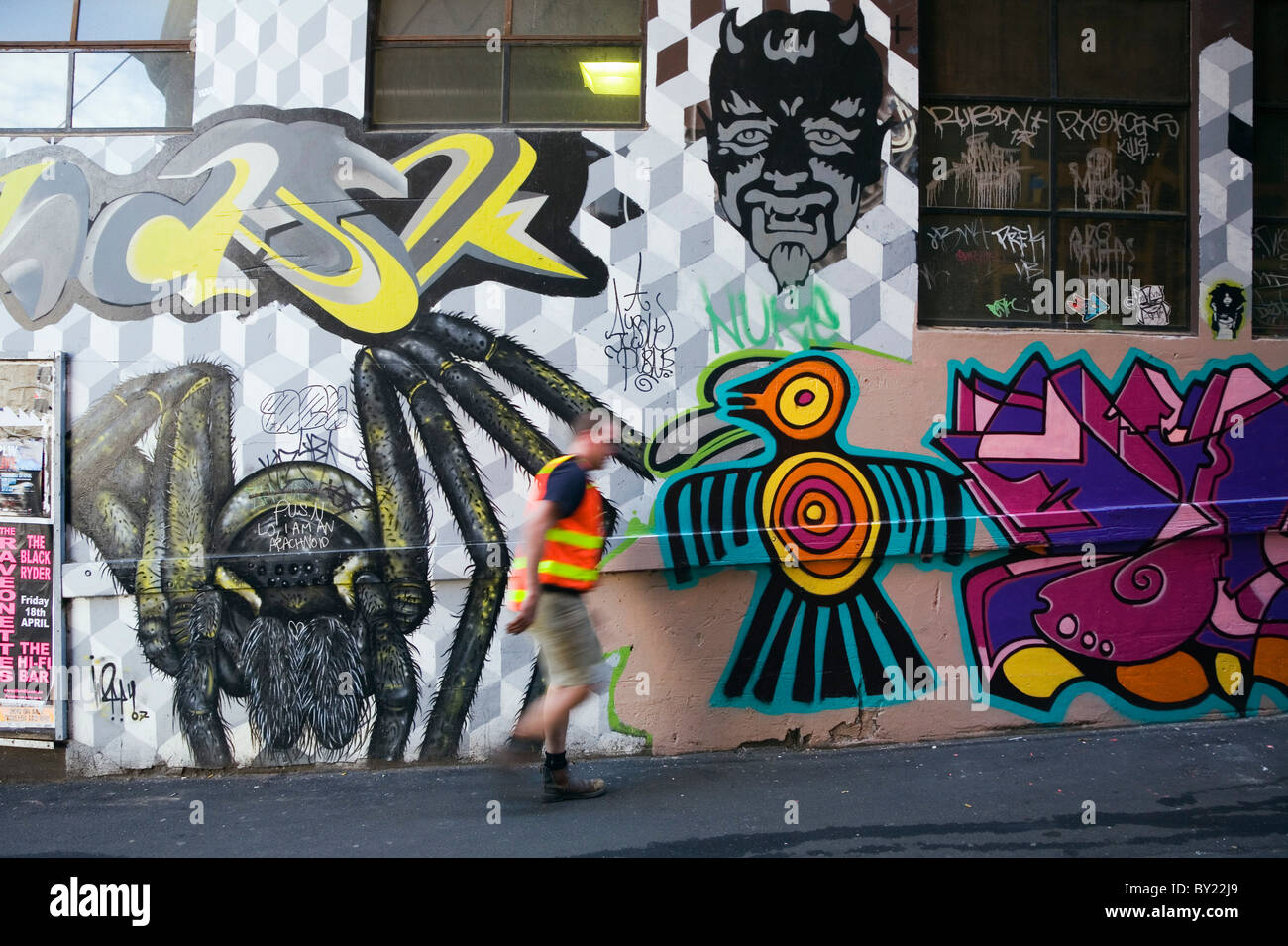 Australia, Victoria, Melbourne.  Colourful street art in Hosier Lane.. Stock Photo