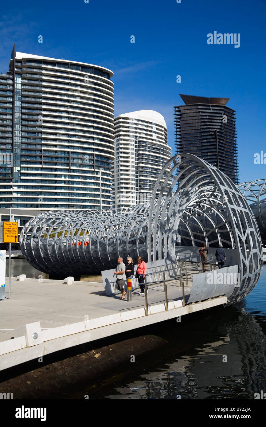 Australia, Victoria, Melbourne, Docklands.  The Webb Dock Bridge - its design was inspired by Aboriginal Koorie fish traps. Stock Photo