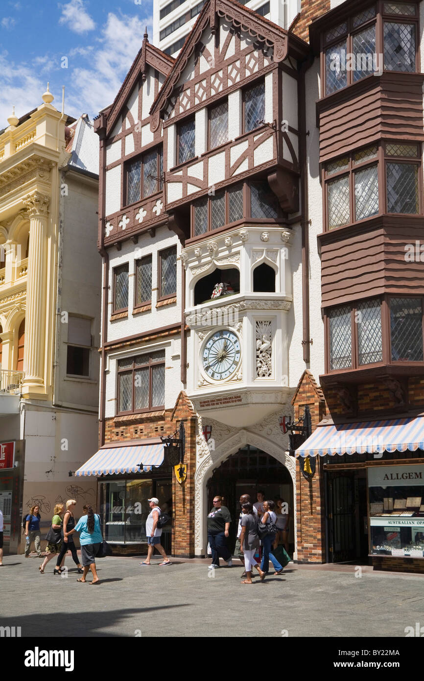 Australia, Western Australia, Perth.  The clock tower entrance to London Court on the Hay Street Mall. Stock Photo
