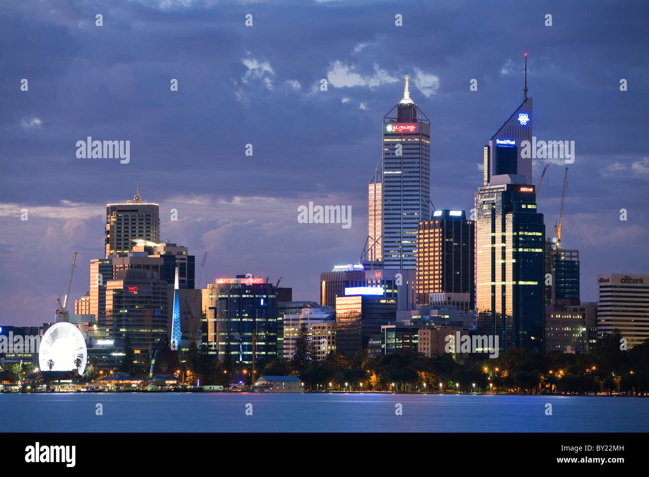 Australia, Western Australia, Perth.  The Swan River and city skyline at dusk. Stock Photo