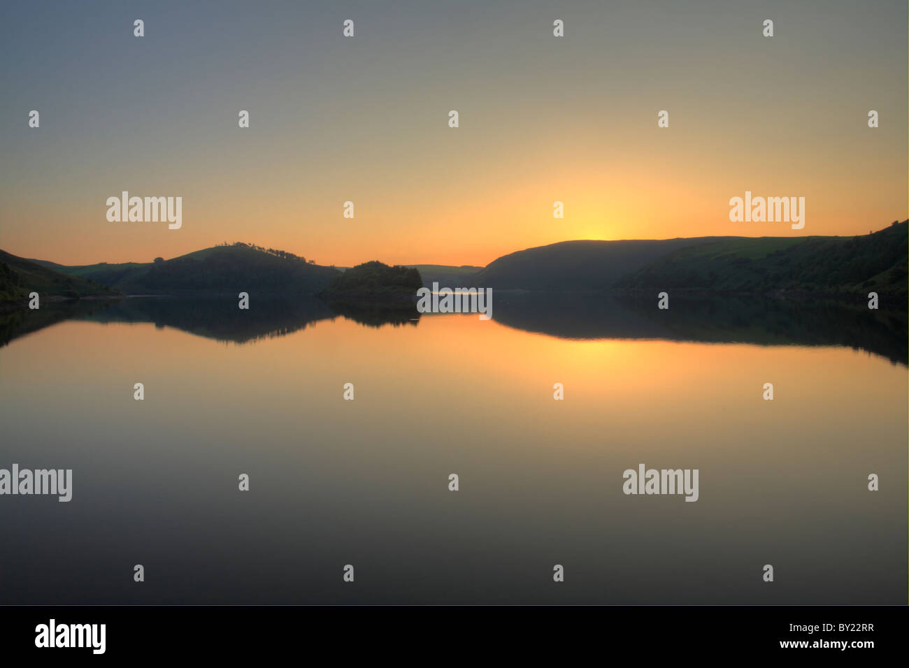 Sunset over Llyn Clywedog. Powys, Wales. Stock Photo