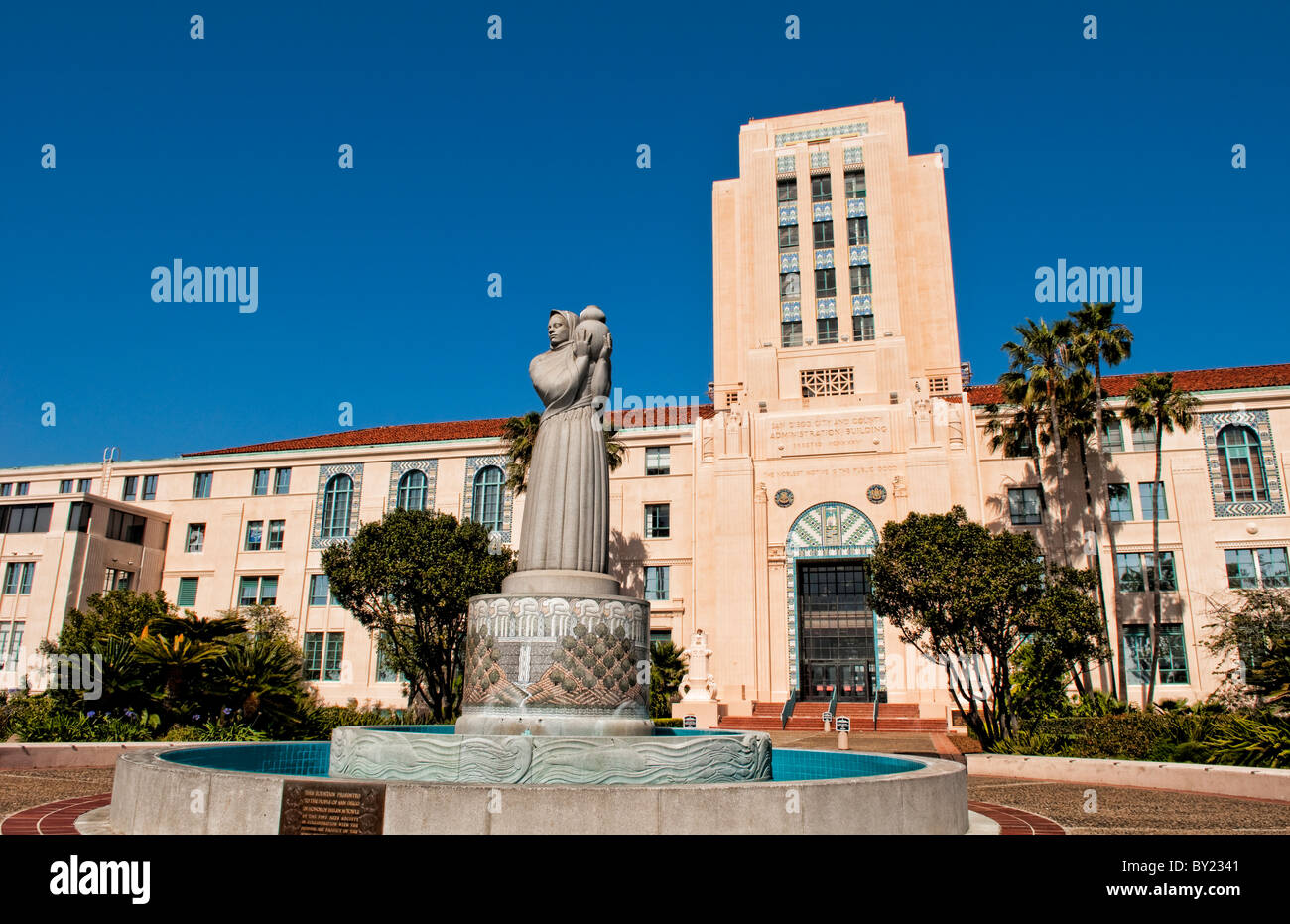 San Diego City Administration Building with old 1930s architecture and a landmark in Bay area of San Diego Stock Photo