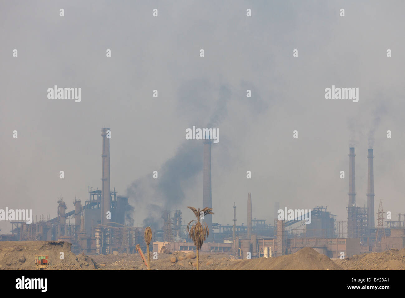 factories pouring out polluted smoke, Helwan, Cairo, Egypt Stock Photo