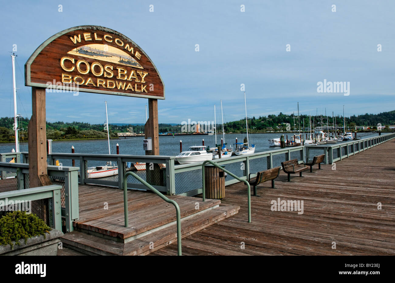 Boardwalk and Harbor in Coos Bay Oregon on Oregon coast Stock Photo