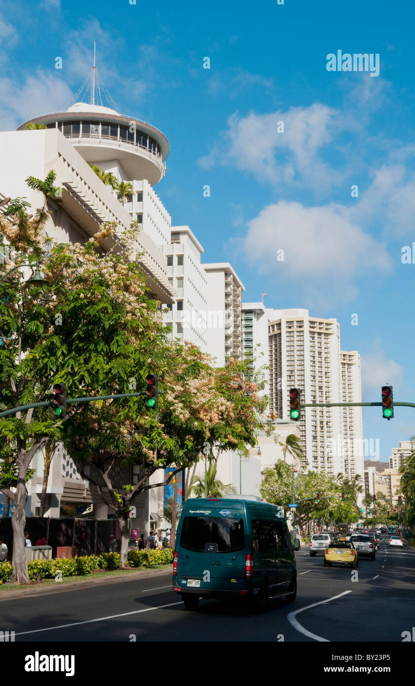 Busy main street of Honolulu Waikiki Hawaii on Kalakaua Avenue with
