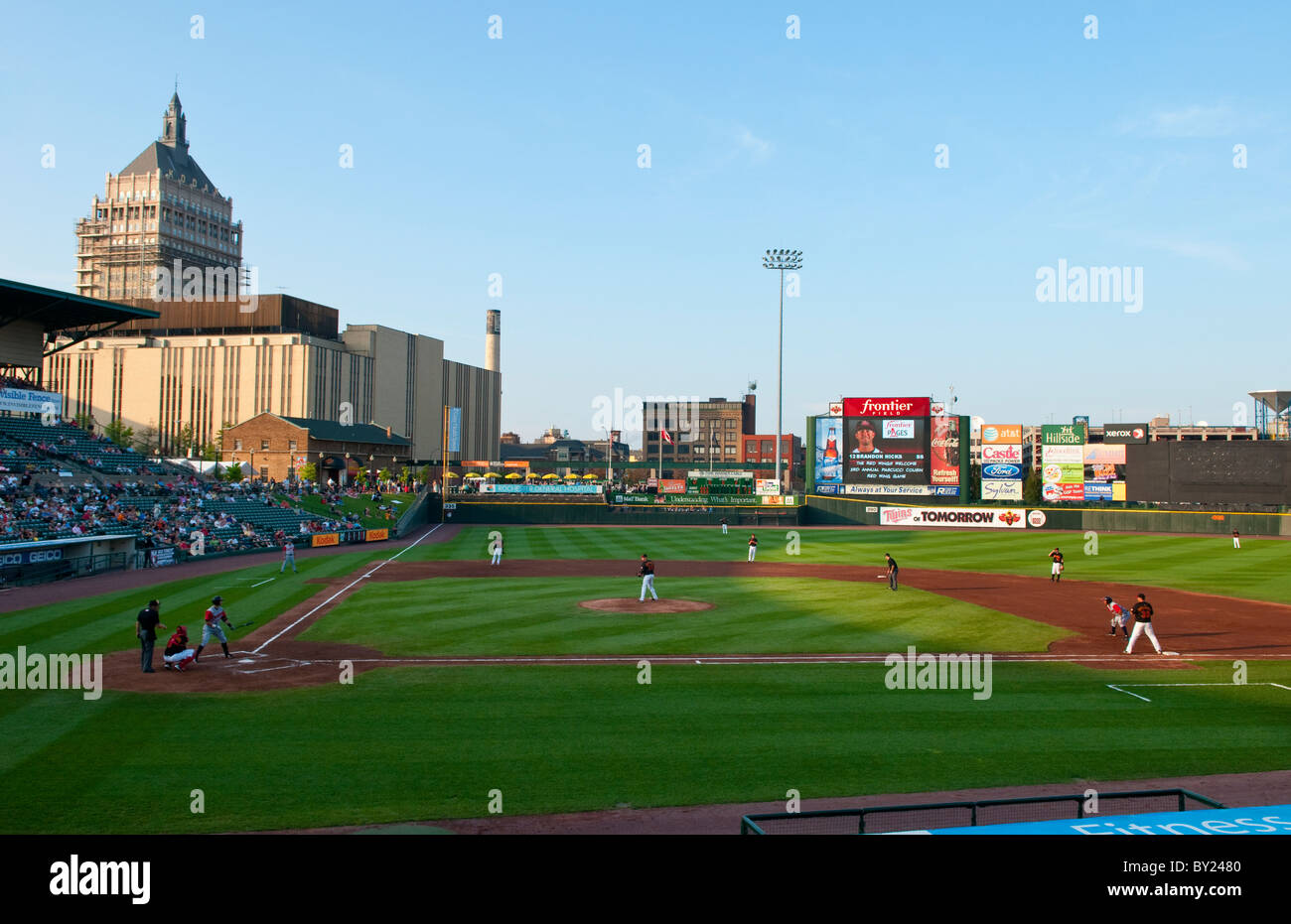 Night professional baseball game at Frontier Field Stadium in Rochester