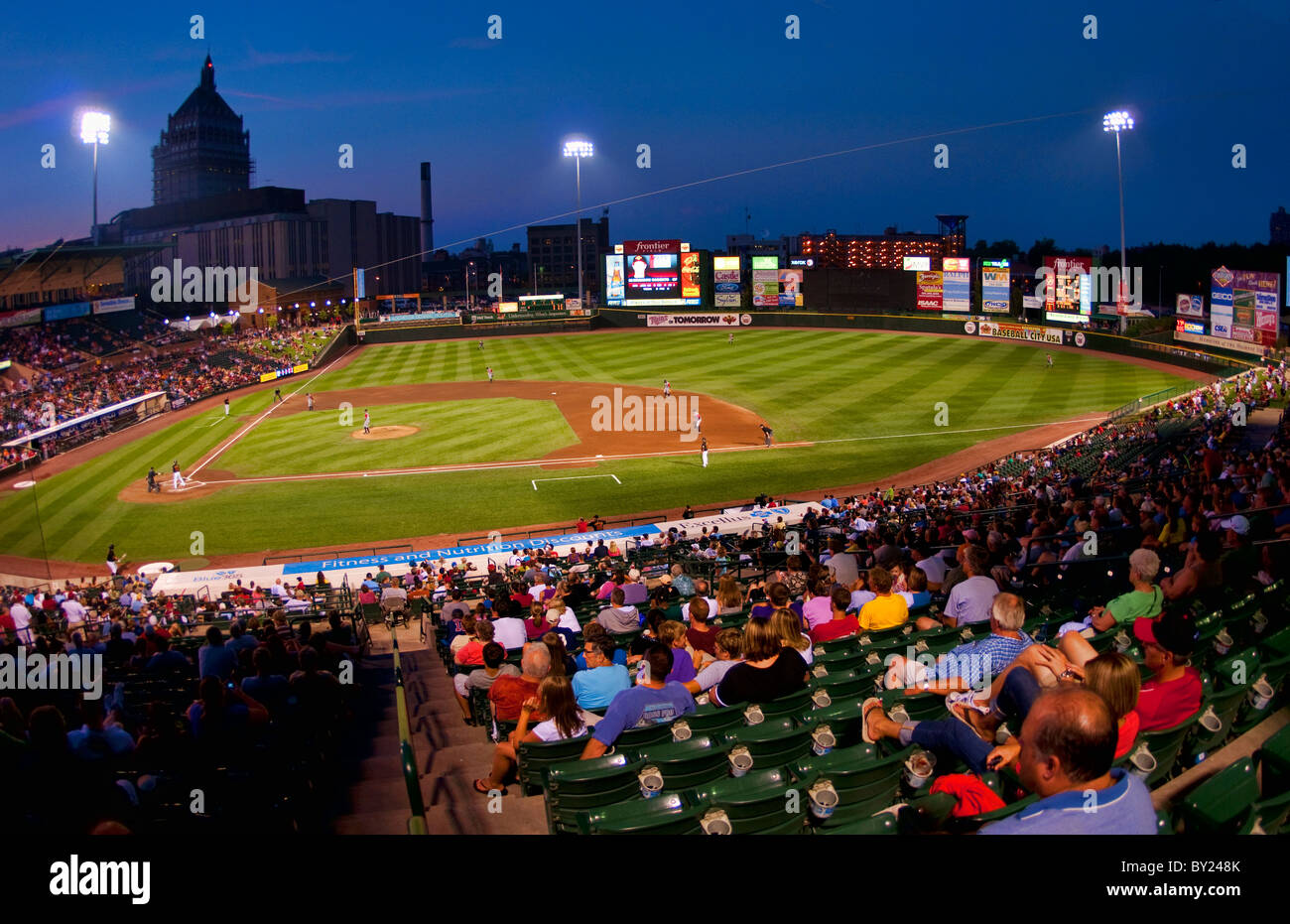 Night professional baseball game at Frontier Field Stadium in Rochester