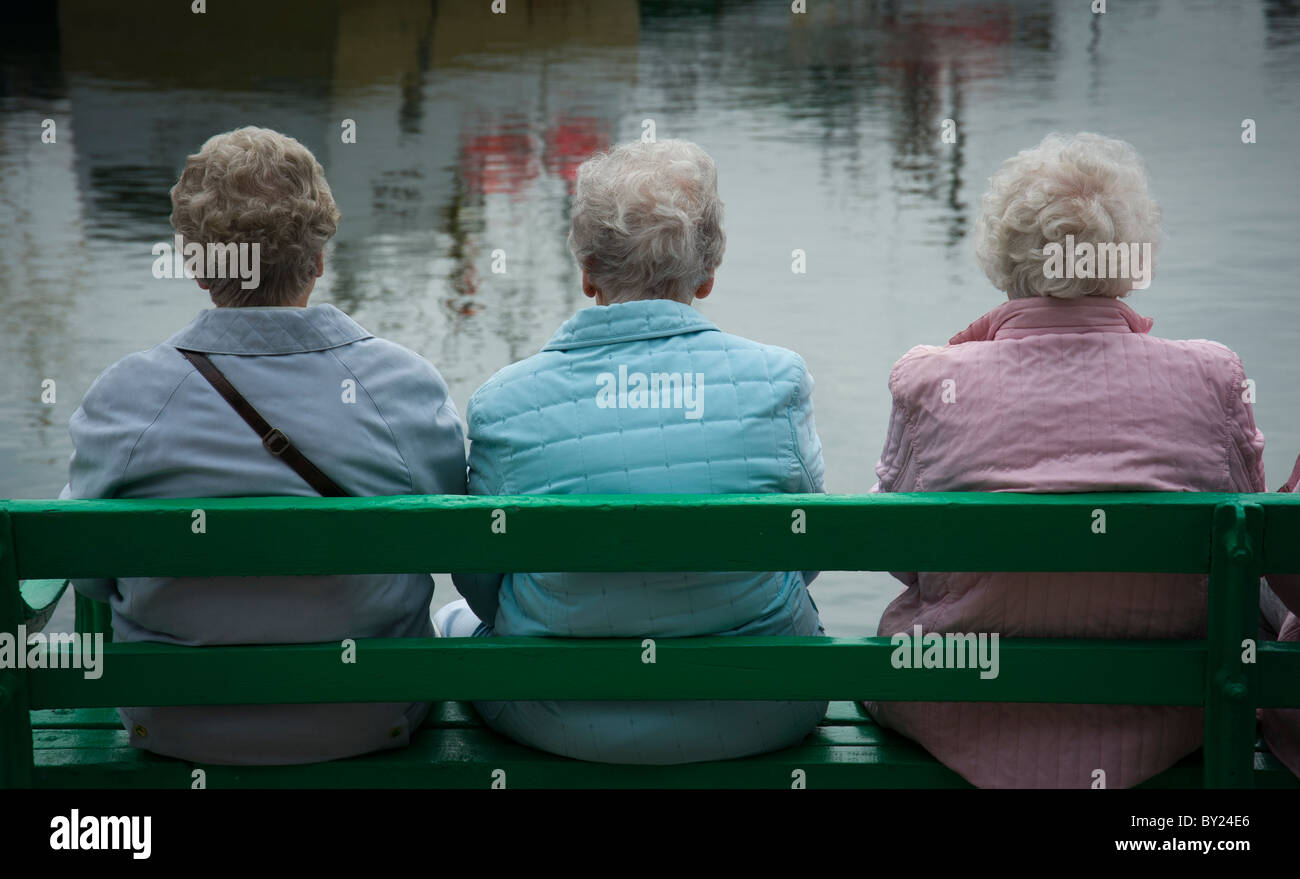 Back view of three ladies sitting on a bench overlooking a harbour. All with similar coast and almost identical grey permed hair Stock Photo