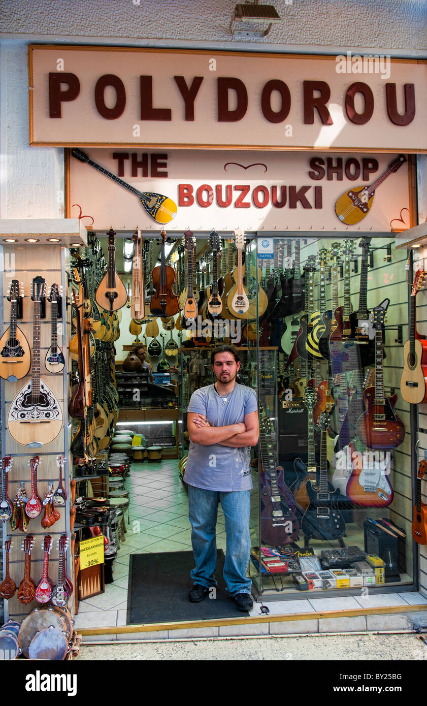Guitars called Bouzouki in store in Plaka in downtown Athens Greece
