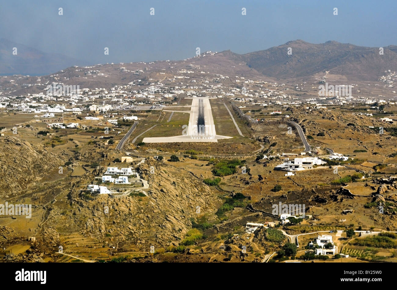 runway approach shot Mykonos Island National Airport (IATA: JMK, ICAO: LGMK) Mykonos, Greece. Stock Photo
