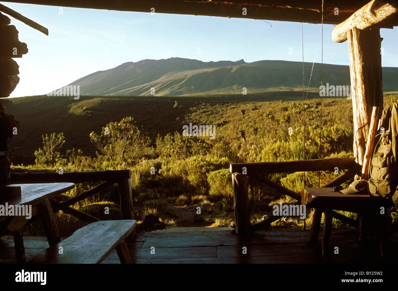 Kenya, Mount Kenya. Fly fishing rods lean against the verandah of Lake
