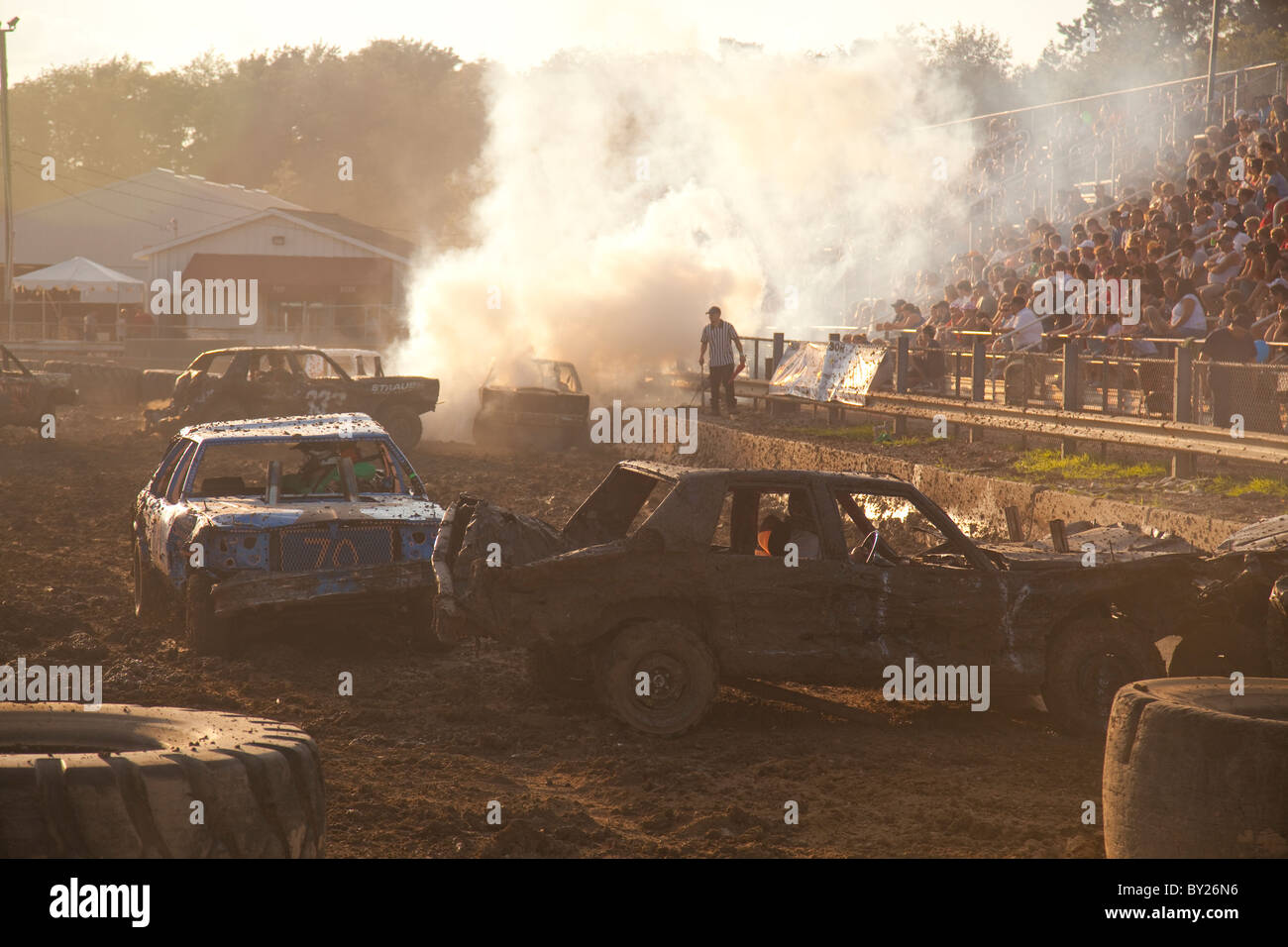 Demolition derby at county fair PA cars tires mud Stock Photo Alamy