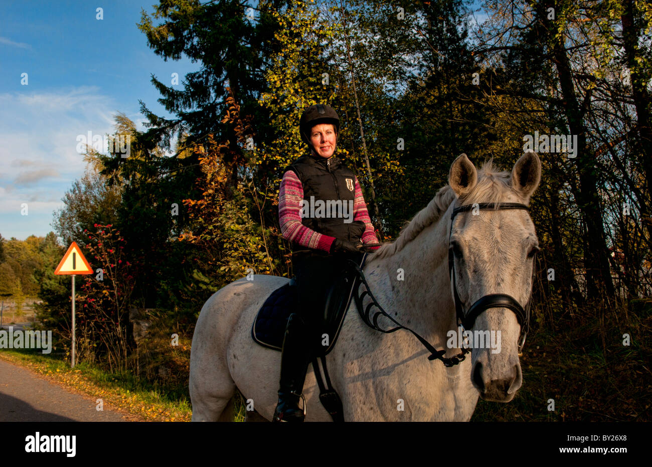 Parainer Pargas Finland horse back riding with woman as hobby in Finland and barn Stock Photo