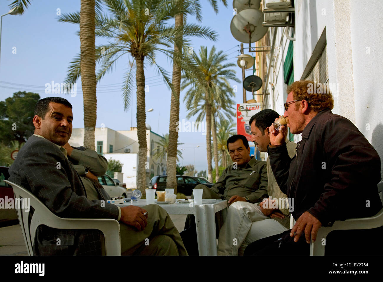 Tripoli, Libya; Libyan men at a local bar enjoying a coffee in the morning with the absence of