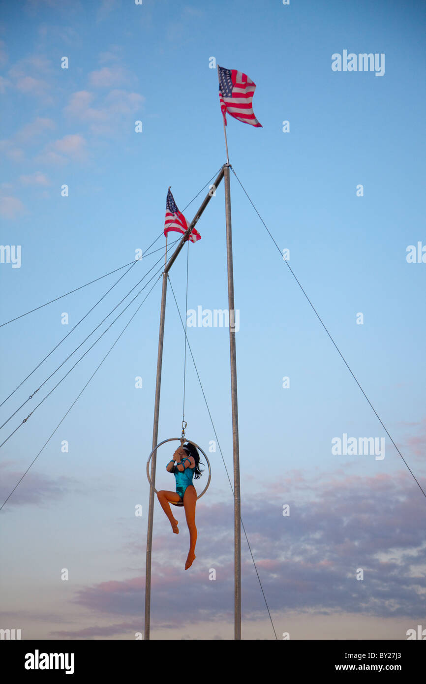 Trapeze artist at county fair in Pennsylvania PA Stock Photo