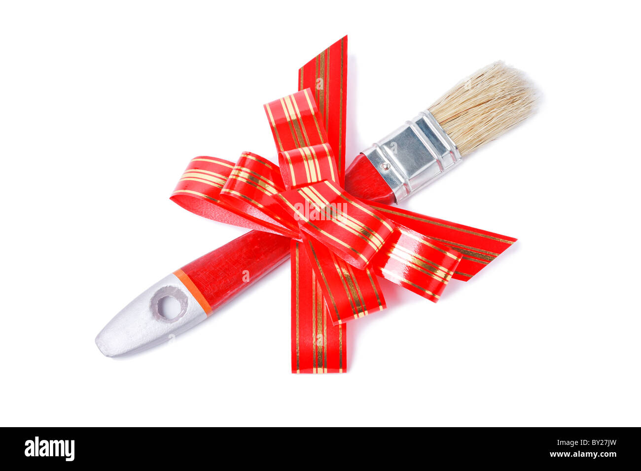 Paintbrush with red goldish striped bow as a gift for painter isolated on white background Stock Photo