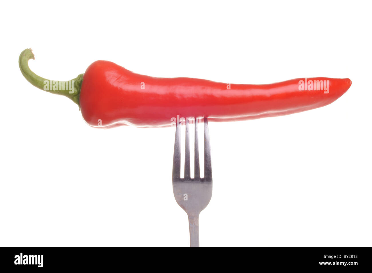 Red Pepper on a fork Stock Photo