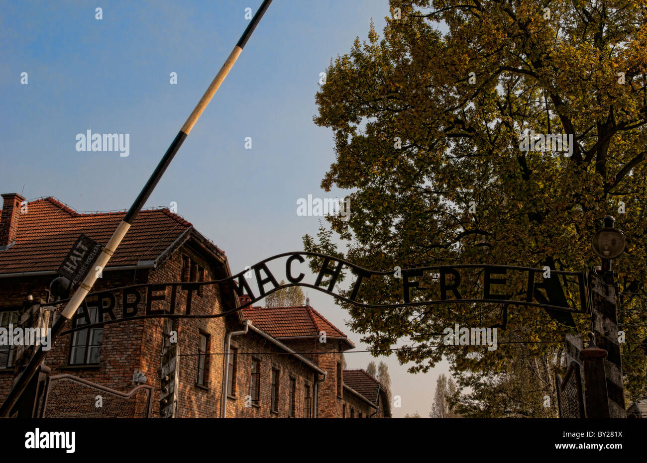 Auschwitz Concentration Camp horror Oswiecim Poland Gate ARBEIT MACHT FREI 'Work Brings Freedom' Stock Photo